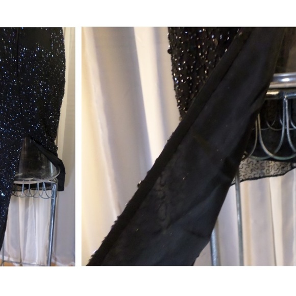 Long Black Silk M Formal Gown Dress Vintage Beaded - Picture 7 of 8